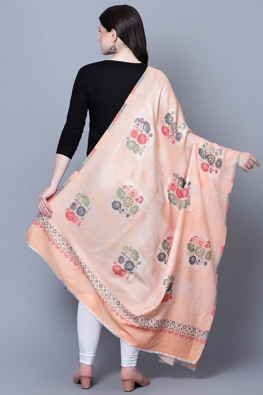 Peach Floral Fine Wool Shawl