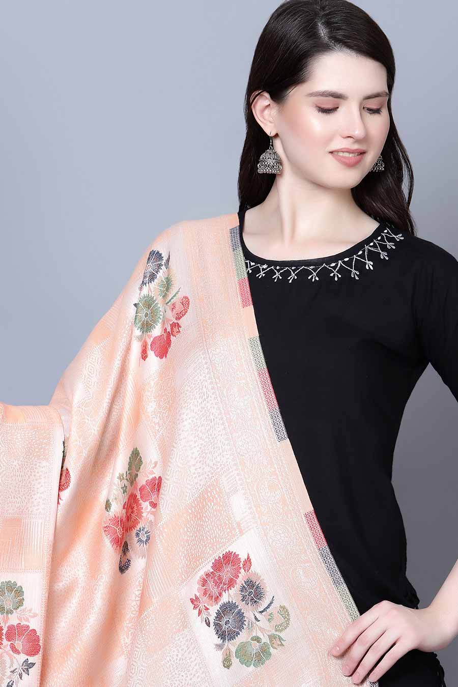 Peach Floral Fine Wool Shawl