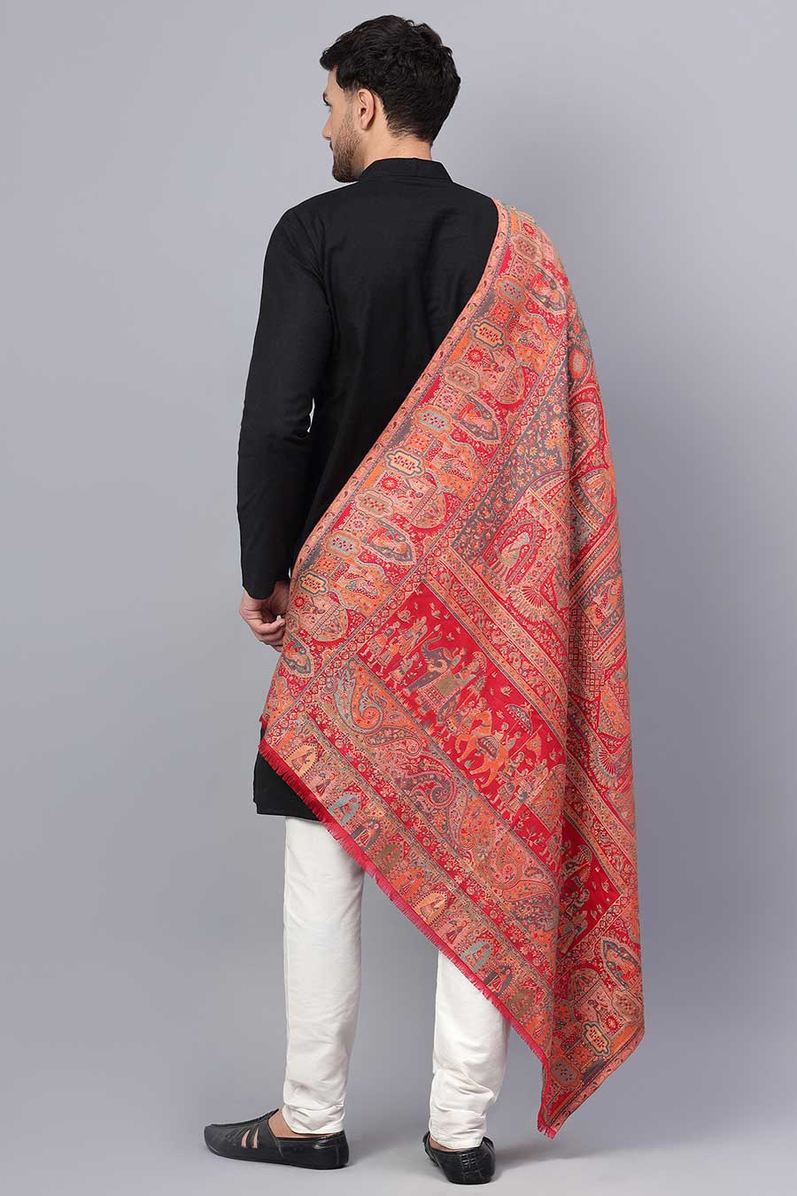 Red Mughal Darbar Fine Wool Shawl