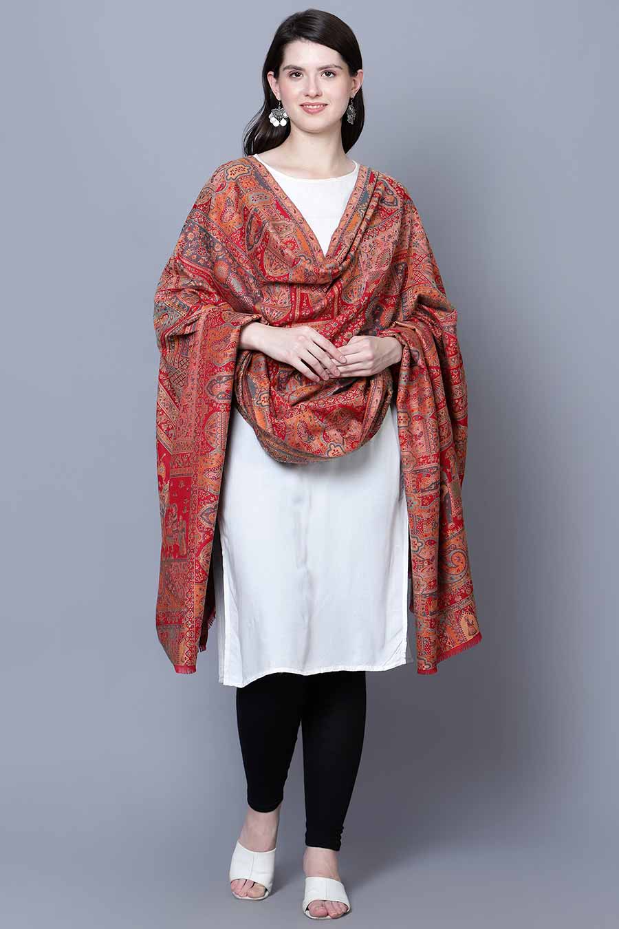 Red Mughal Darbar Fine Wool Shawl
