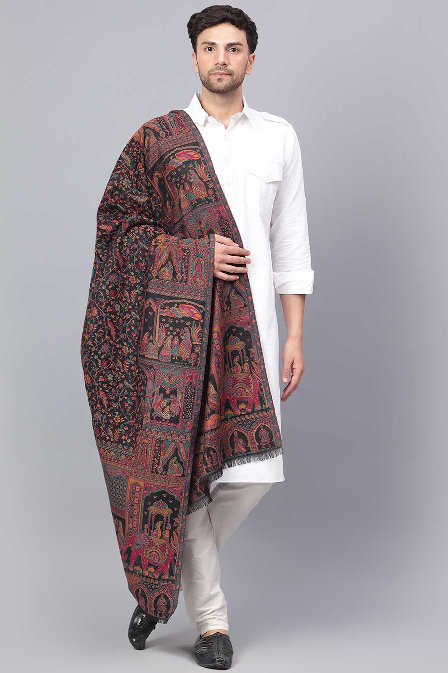 Black Mughal Darbar Fine Wool Shawl