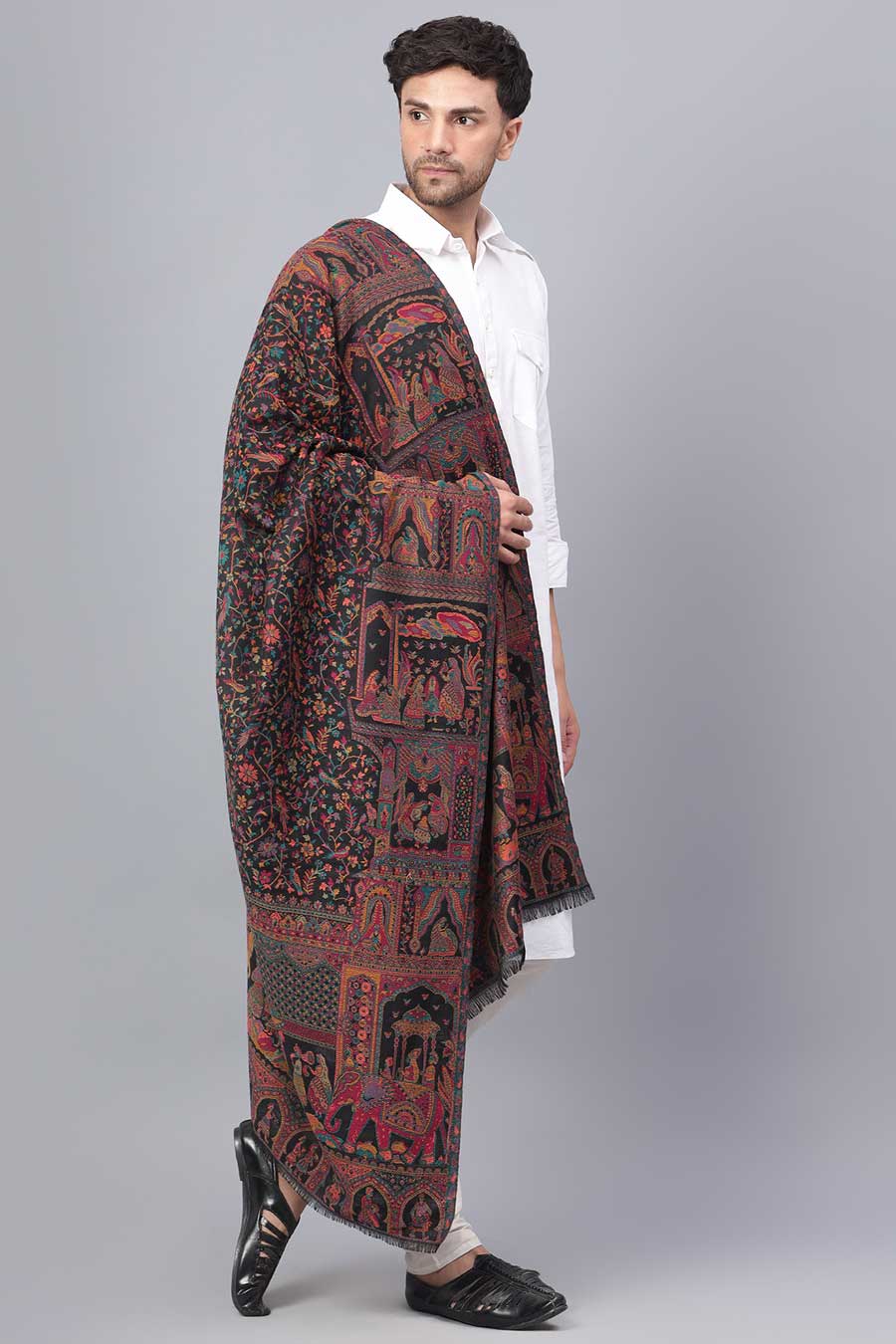 Black Mughal Darbar Fine Wool Shawl