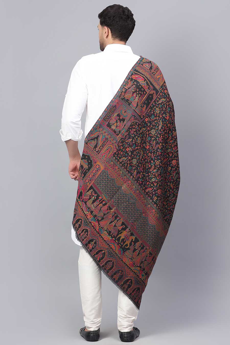 Black Mughal Darbar Fine Wool Shawl