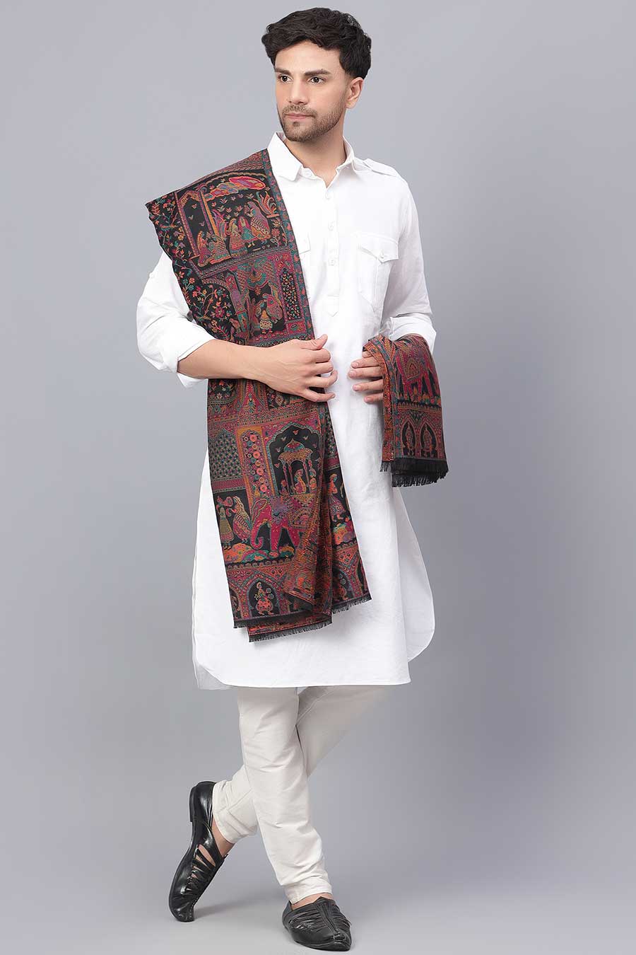 Black Mughal Darbar Fine Wool Shawl