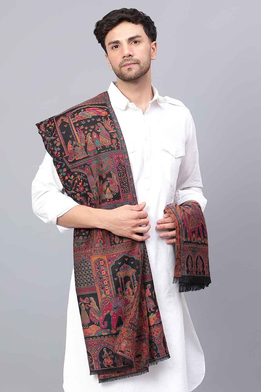 Black Mughal Darbar Fine Wool Shawl