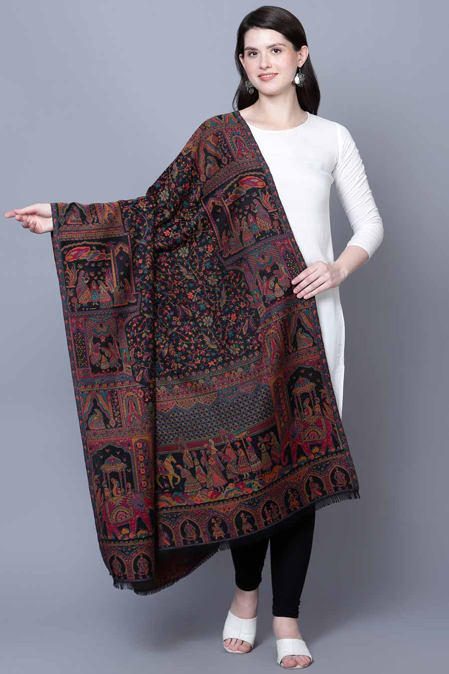 Black Mughal Darbar Fine Wool Shawl