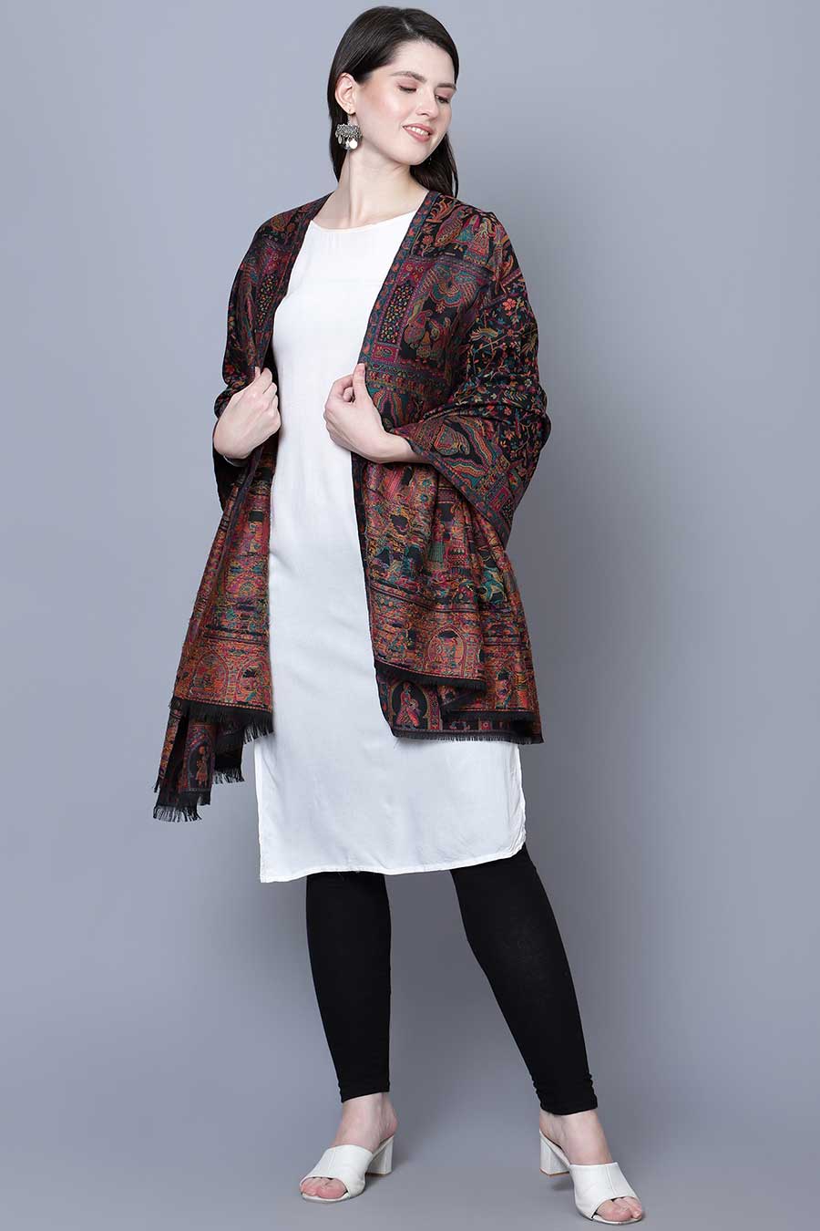 Black Mughal Darbar Fine Wool Shawl