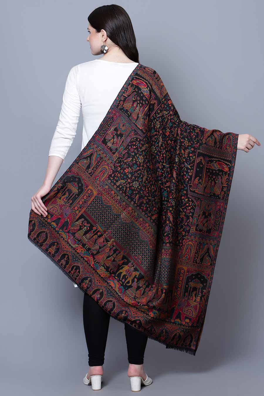 Black Mughal Darbar Fine Wool Shawl