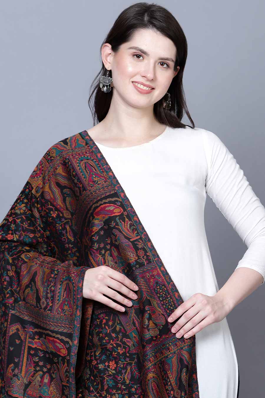 Black Mughal Darbar Fine Wool Shawl