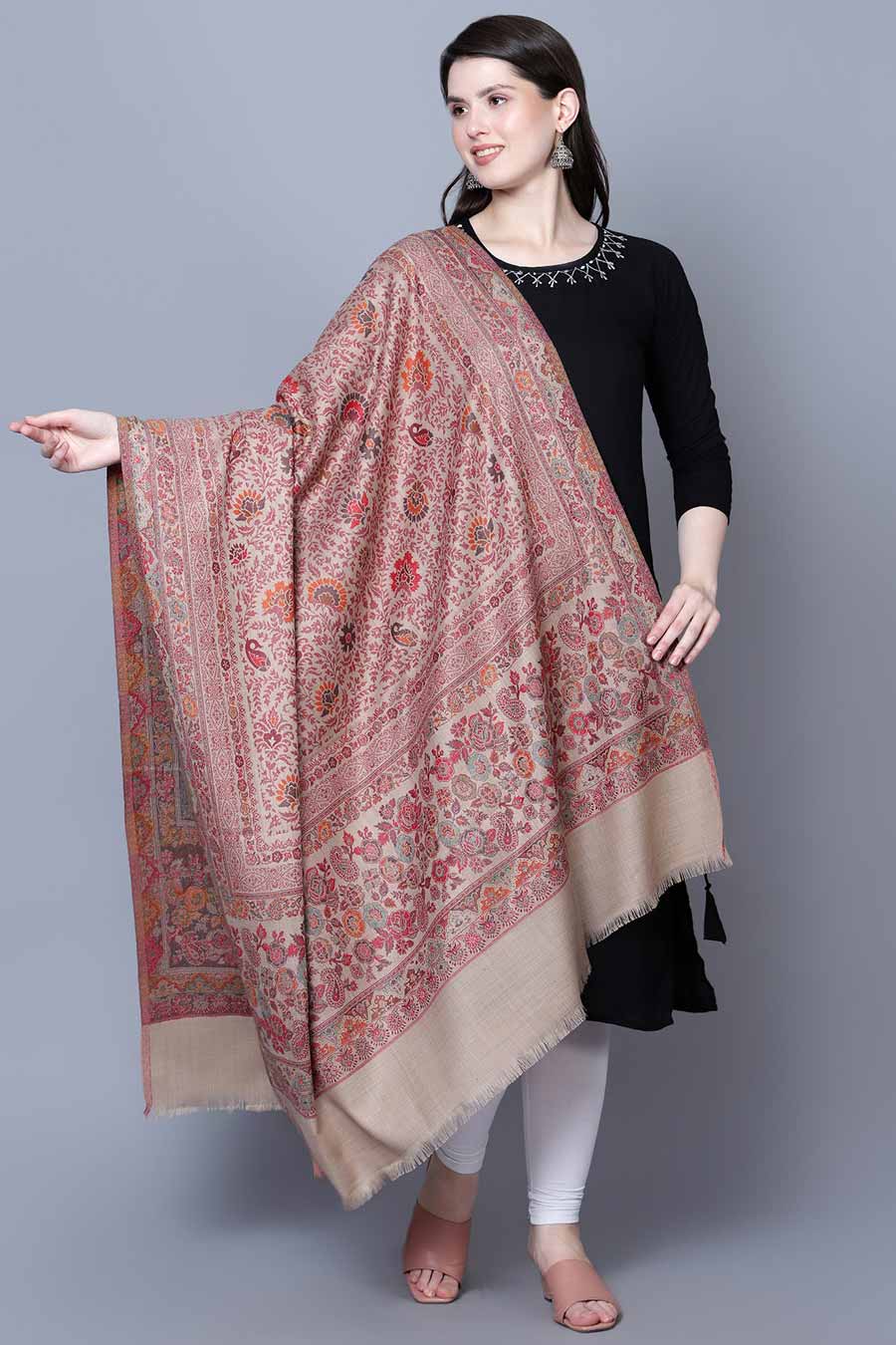 Beige Jamawar Jaal Fine Wool Kashmiri Shawl