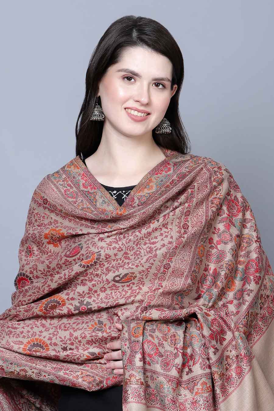 Beige Jamawar Jaal Fine Wool Kashmiri Shawl