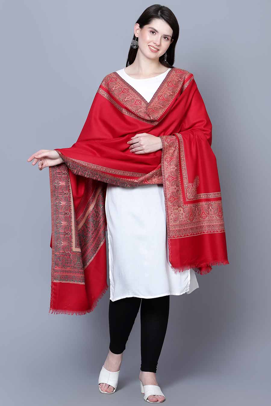 Red Paisley Border Fine Wool Kashmiri Shawl