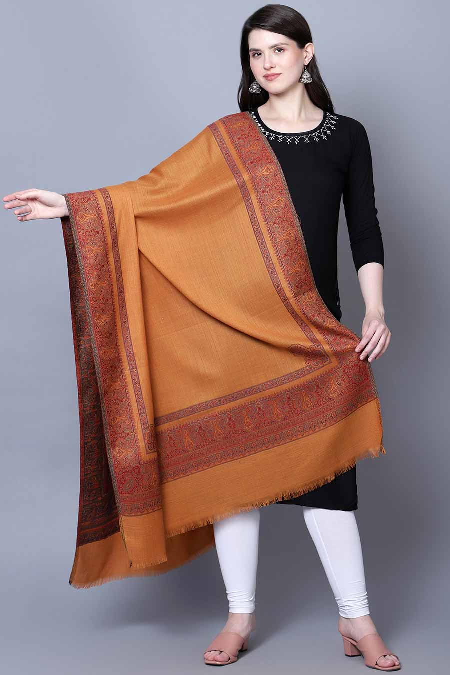 Mustard Paisley Border Fine Wool Kashmiri Shawl