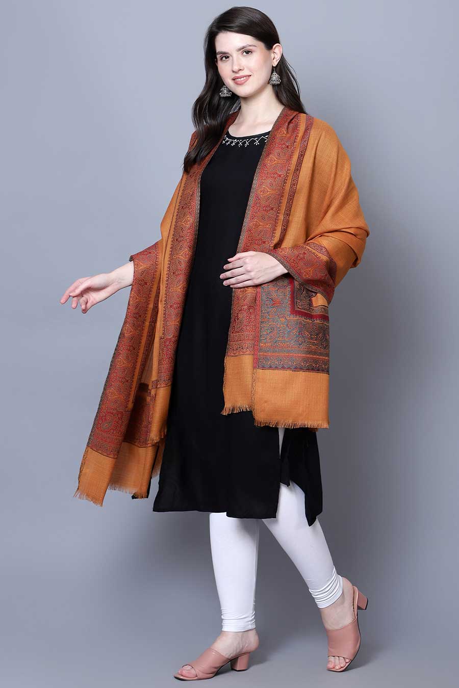 Mustard Paisley Border Fine Wool Kashmiri Shawl