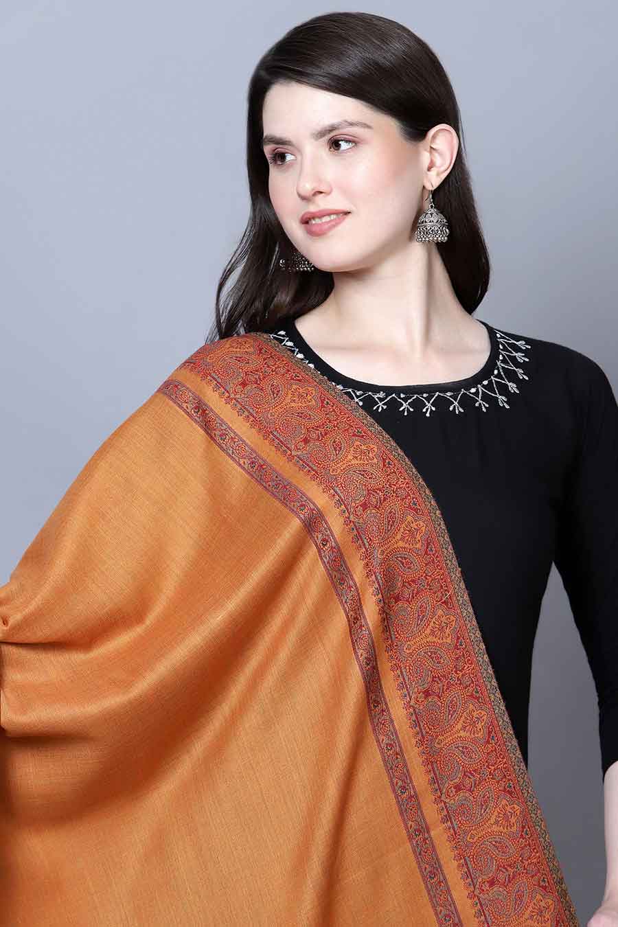 Mustard Paisley Border Fine Wool Kashmiri Shawl