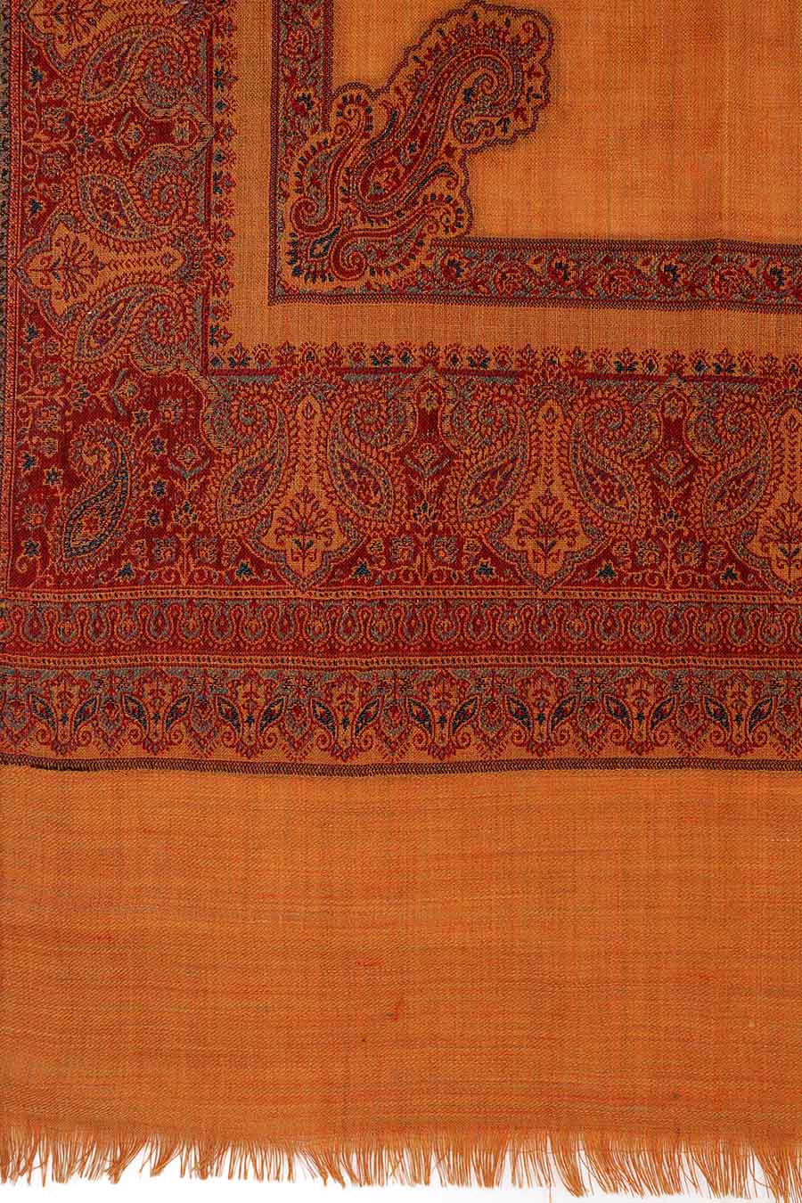 Mustard Paisley Border Fine Wool Kashmiri Shawl