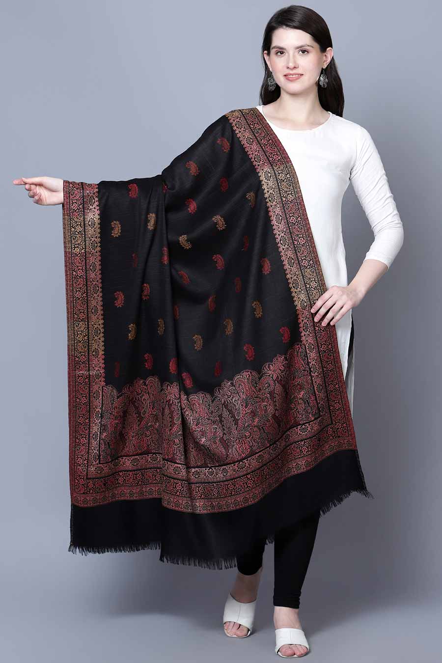 Black Paisley Jaal Fine Wool Kashmiri Shawl