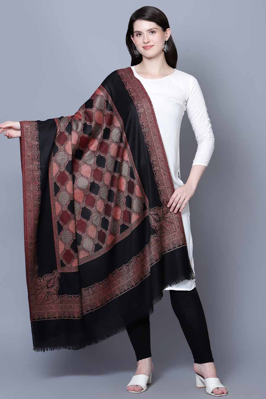 Black Jamawar Jaal Fine Wool Kashmiri Shawl