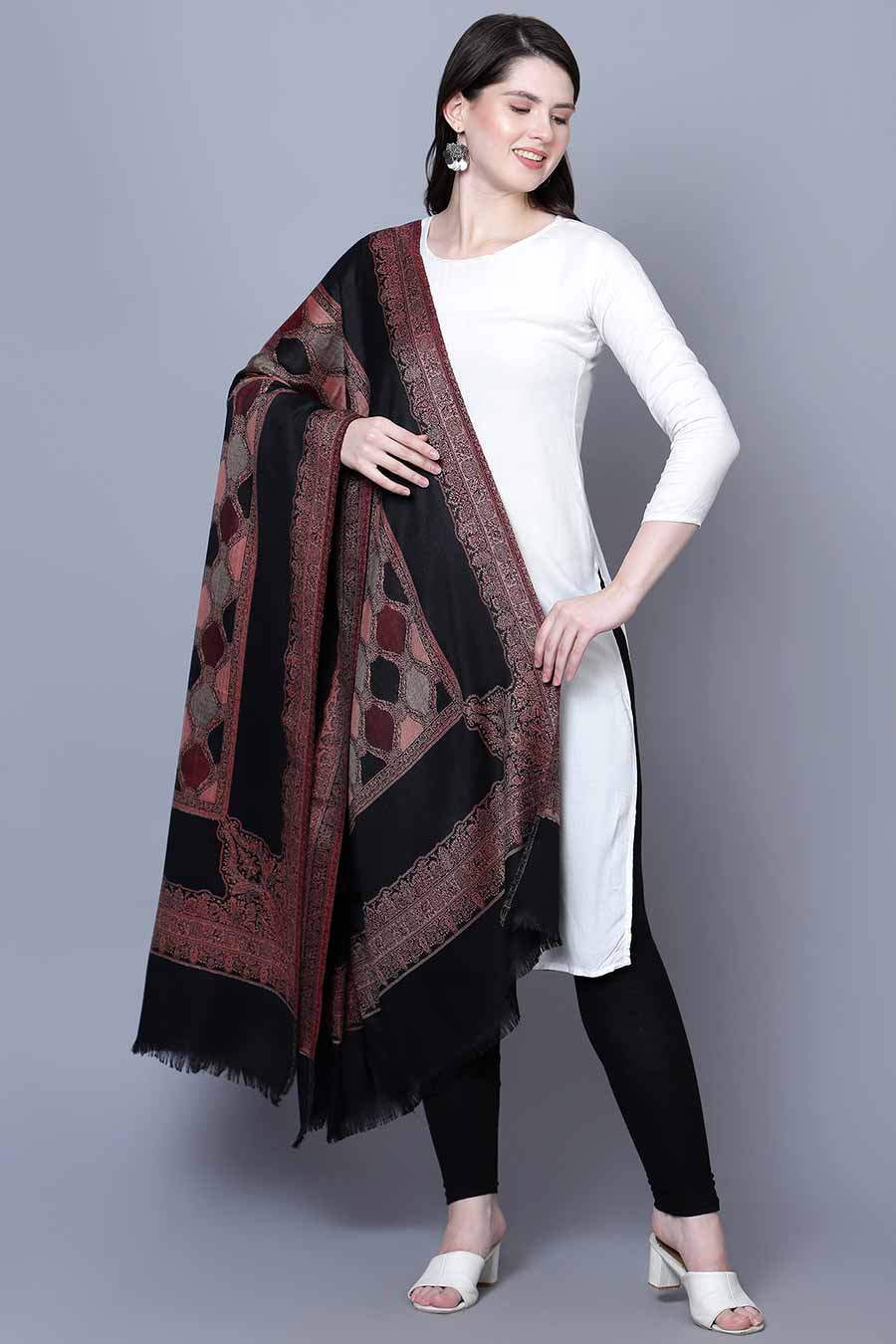 Black Jamawar Jaal Fine Wool Kashmiri Shawl