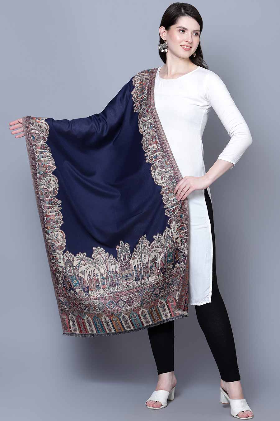 Blue Royal Mughal Darbar Fine Wool Shawl