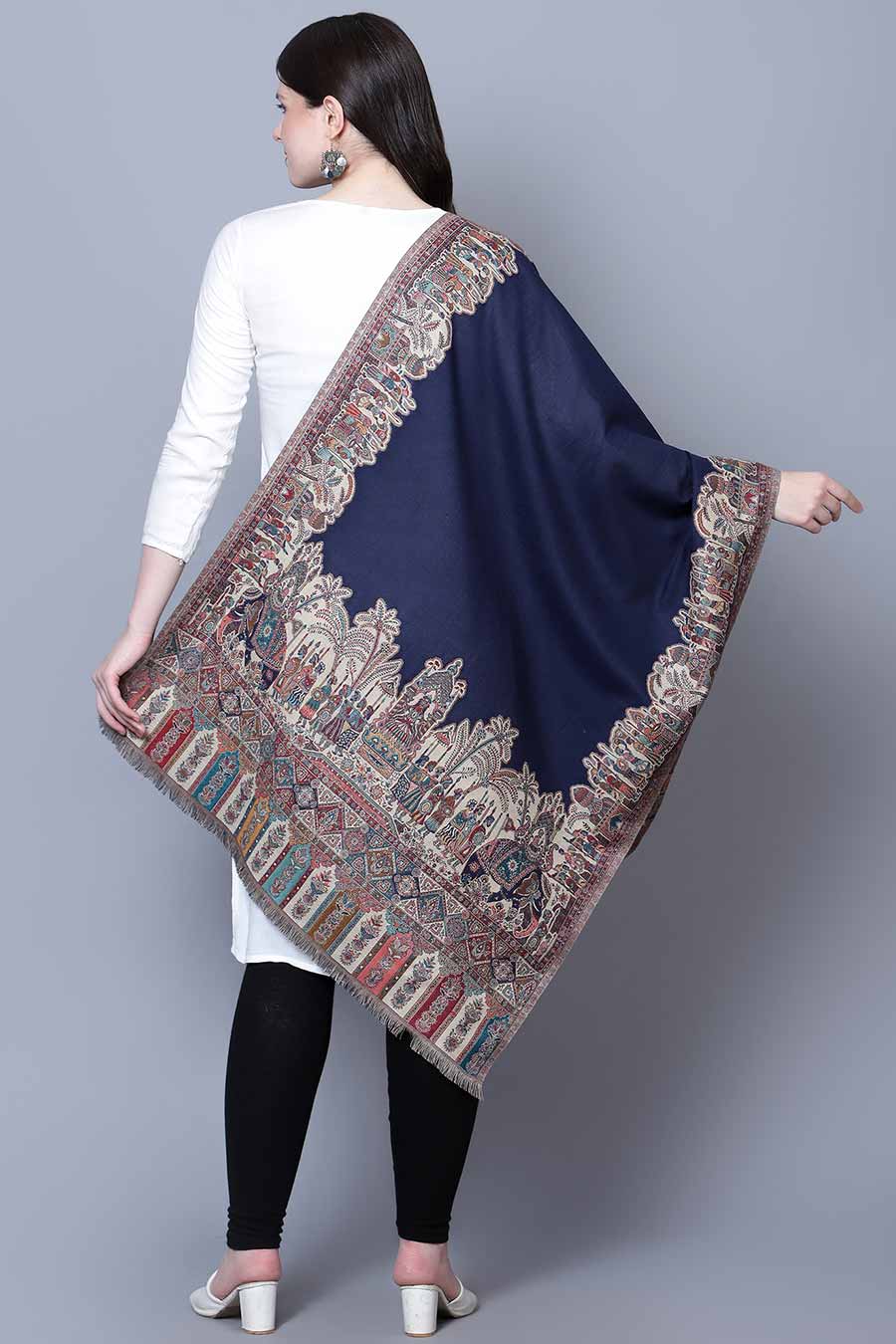 Blue Royal Mughal Darbar Fine Wool Shawl