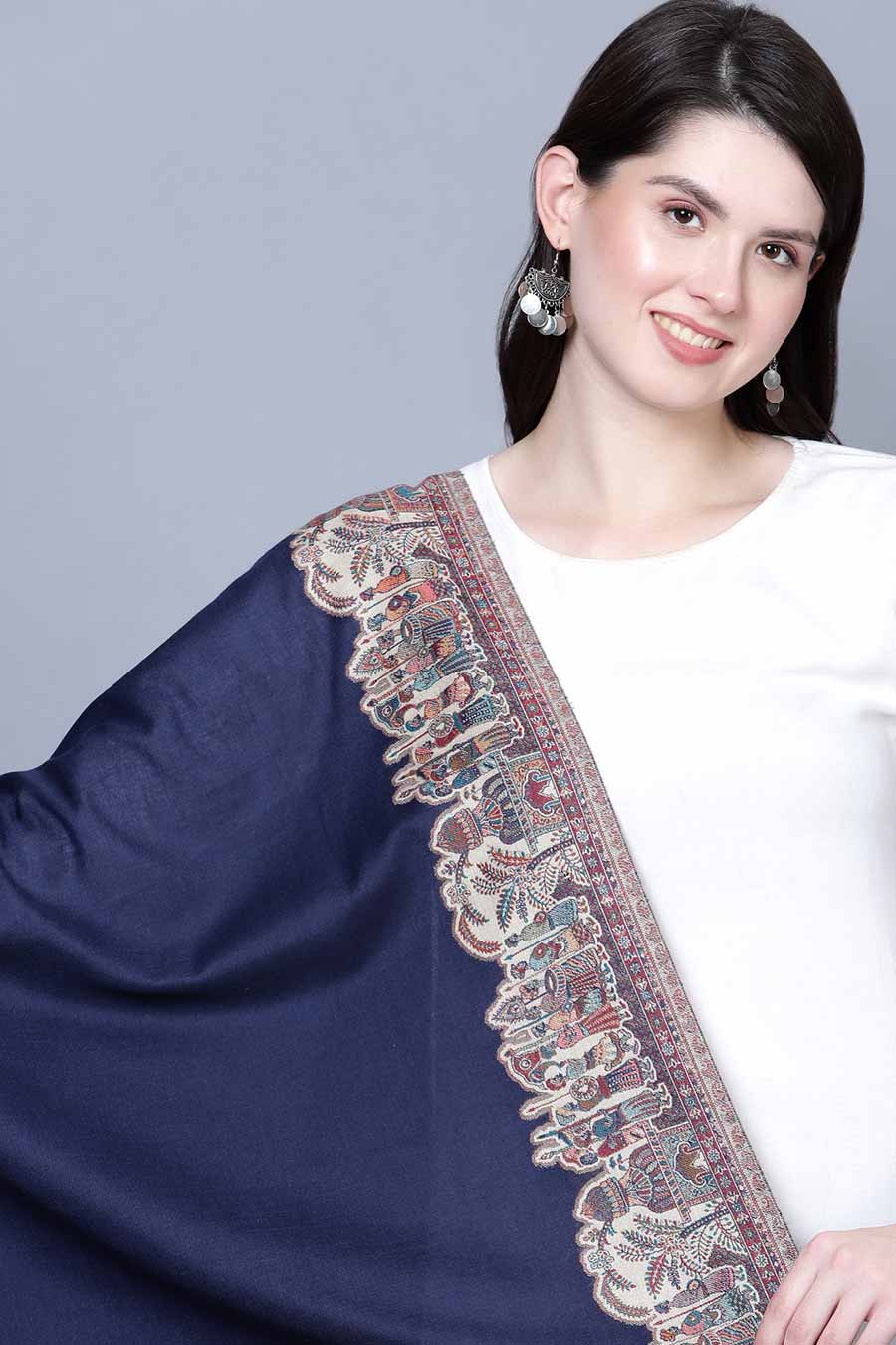 Blue Royal Mughal Darbar Fine Wool Shawl