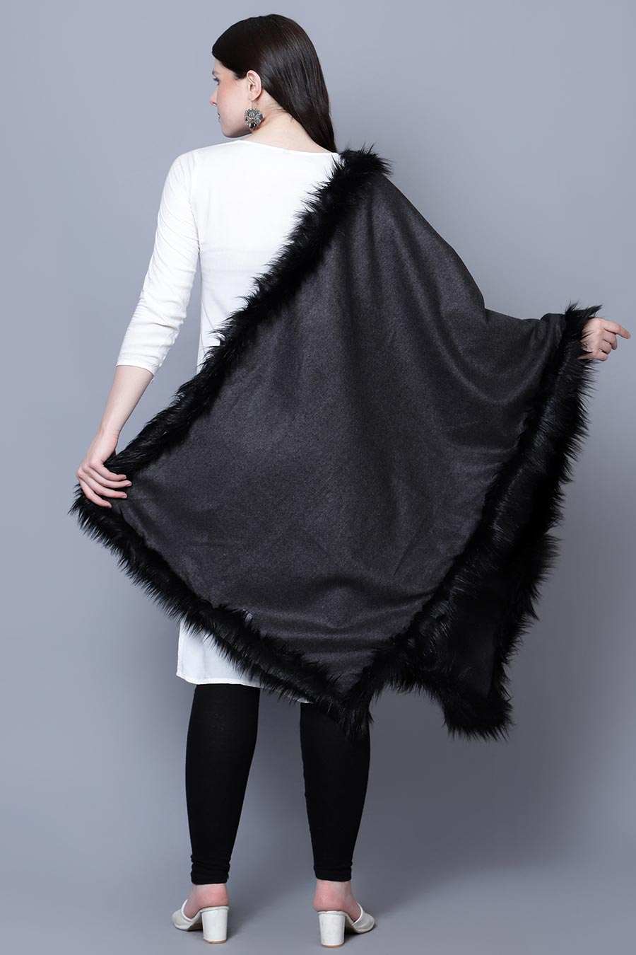 Black Fur Design Fine Wool Stole