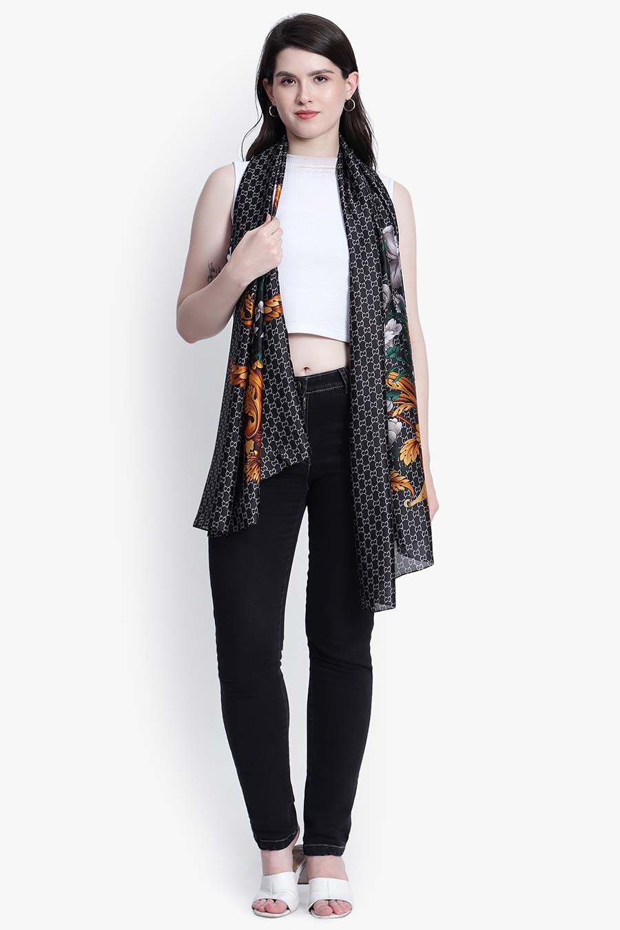 Black Floral Printed Scarf