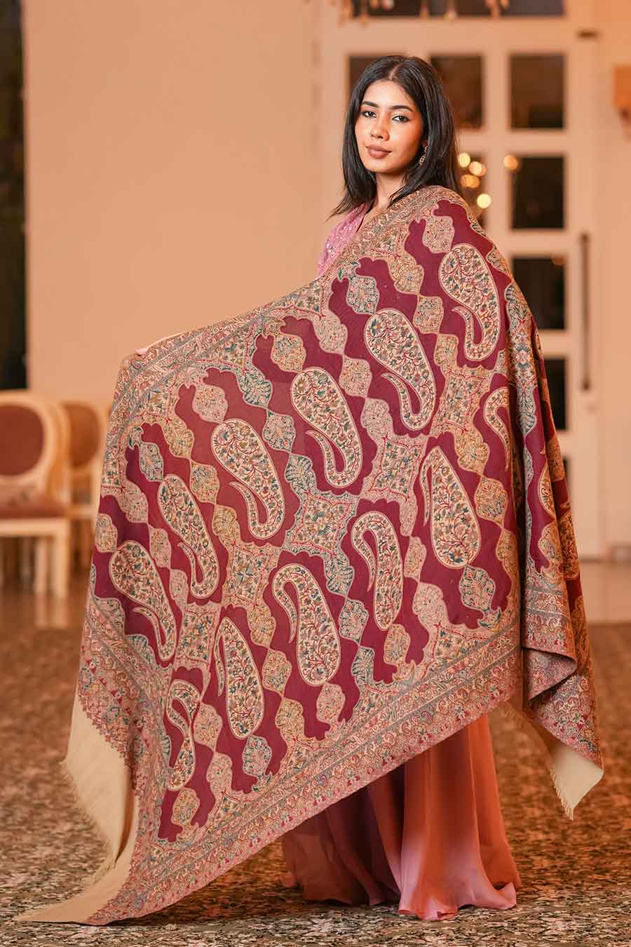 Maroon Paisley Faux Pashmina Shawl