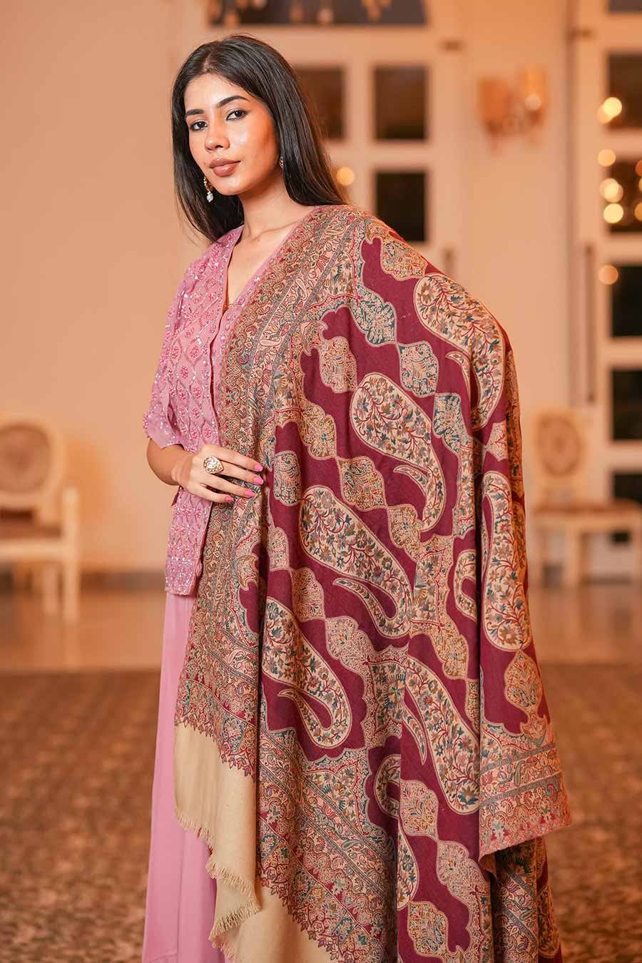 Maroon Paisley Faux Pashmina Shawl