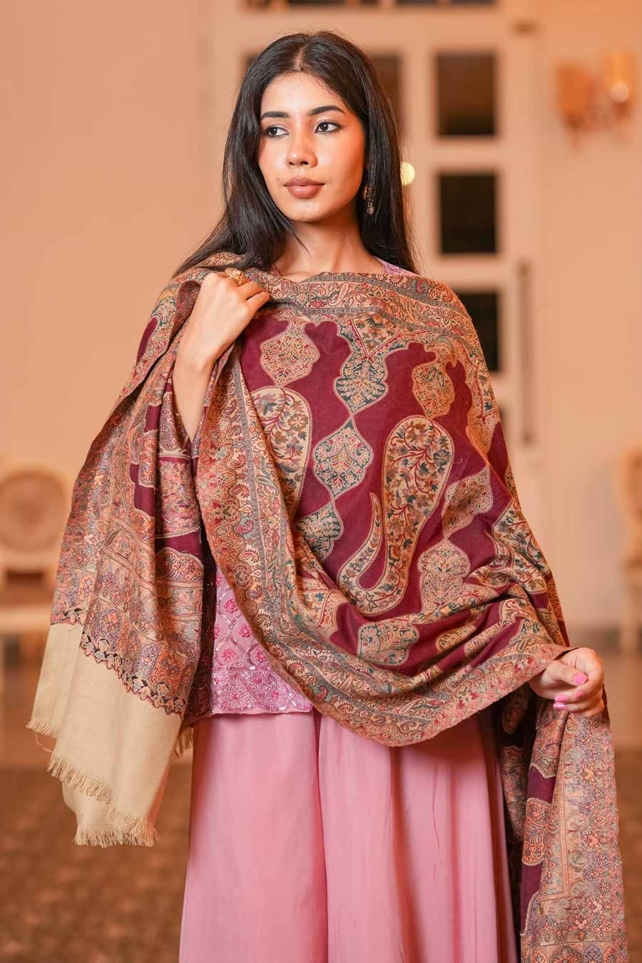 Maroon Paisley Faux Pashmina Shawl