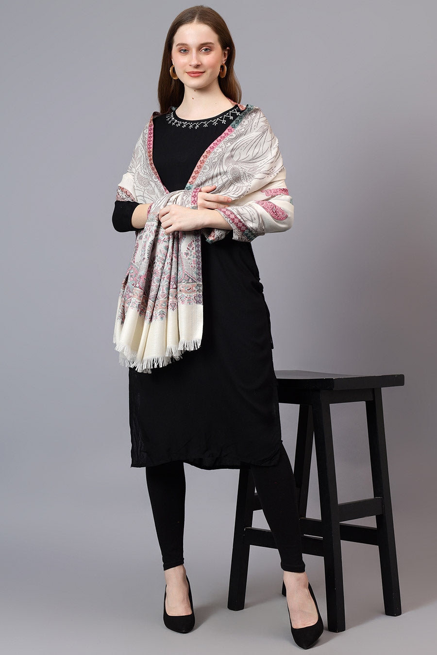 White Paisley Fine Wool Shawl