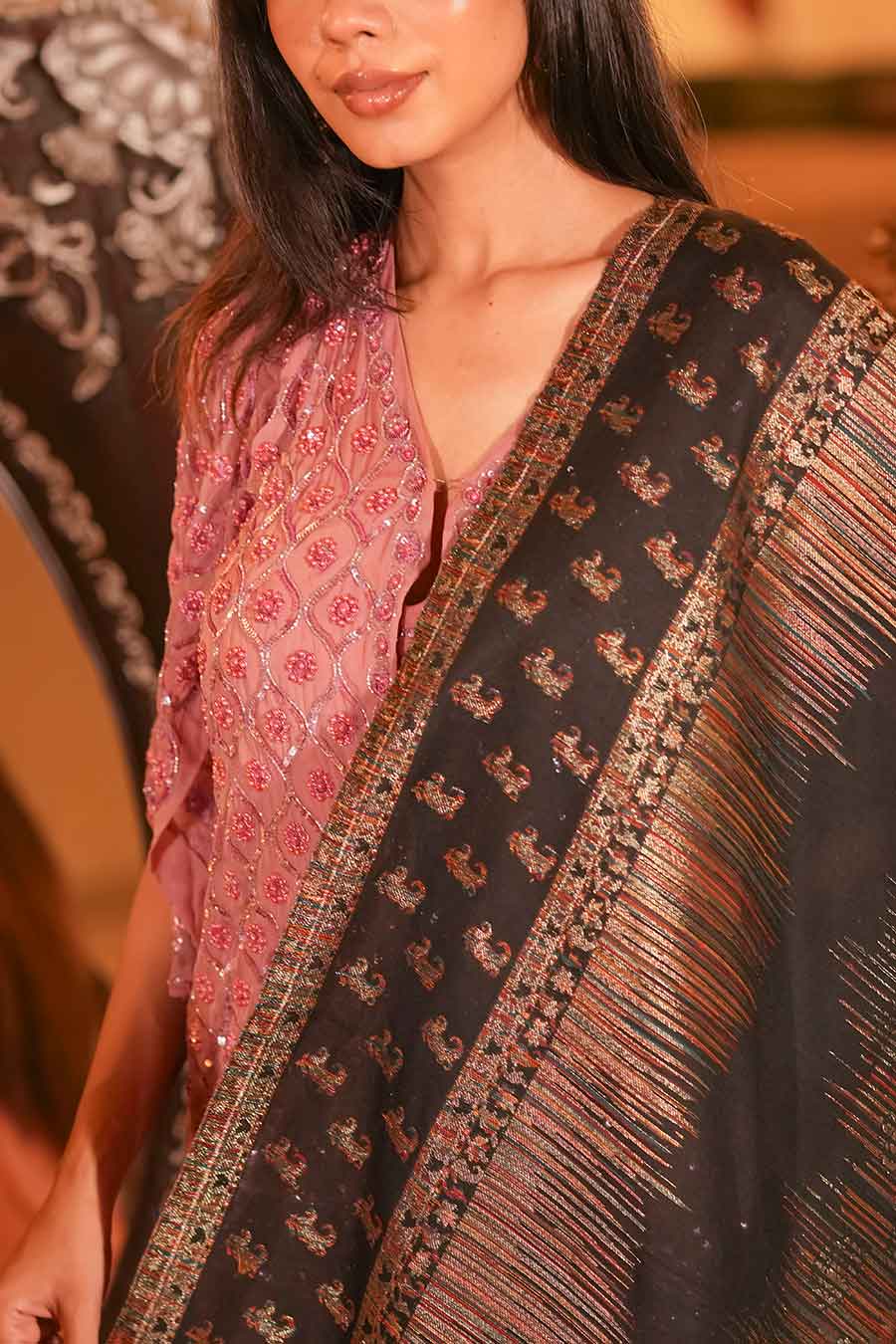 Black Metallic Zari Weave Fine Wool Shawl
