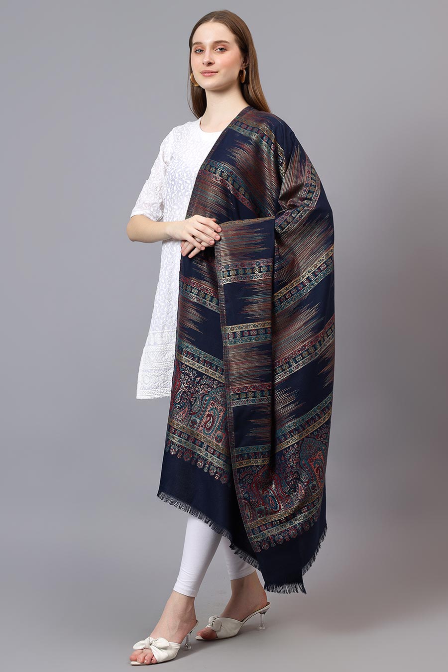 Blue Metallic Zari Weave Fine Wool Shawl