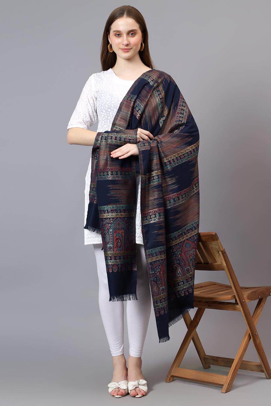 Blue Metallic Zari Weave Fine Wool Shawl