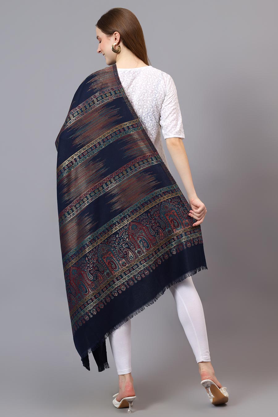 Blue Metallic Zari Weave Fine Wool Shawl