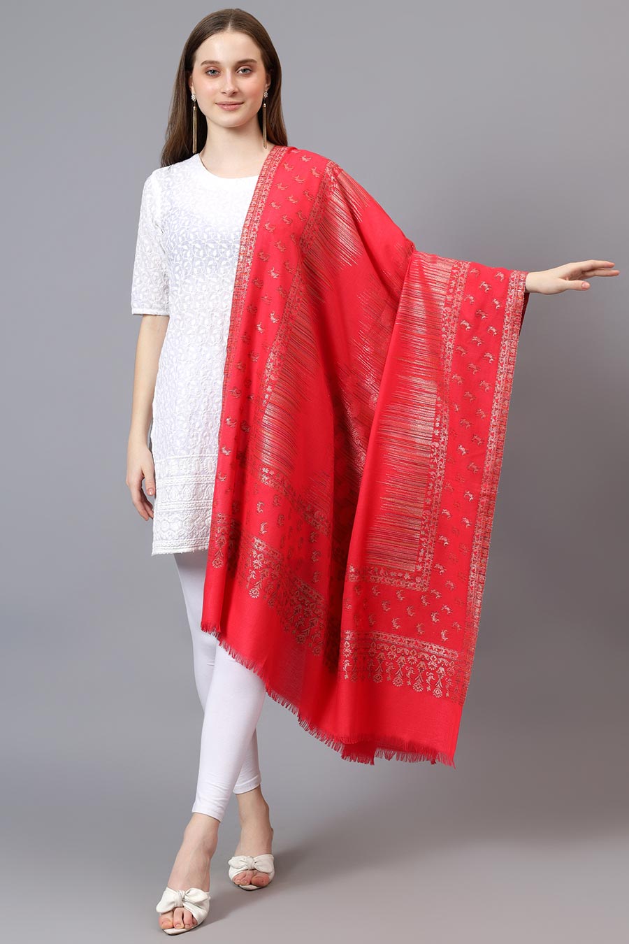 Red Metallic Zari Weave Fine Wool Shawl