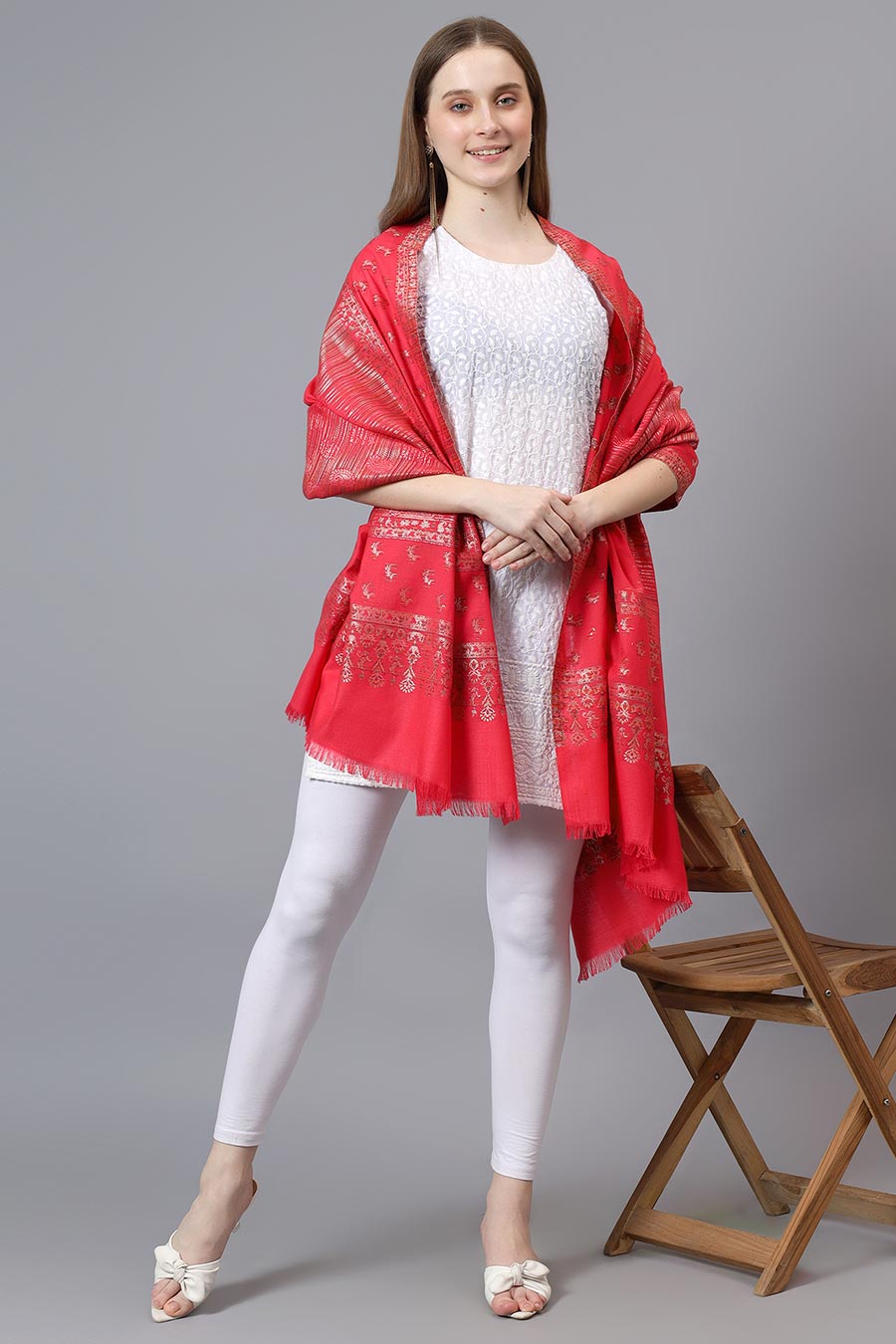 Red Metallic Zari Weave Fine Wool Shawl