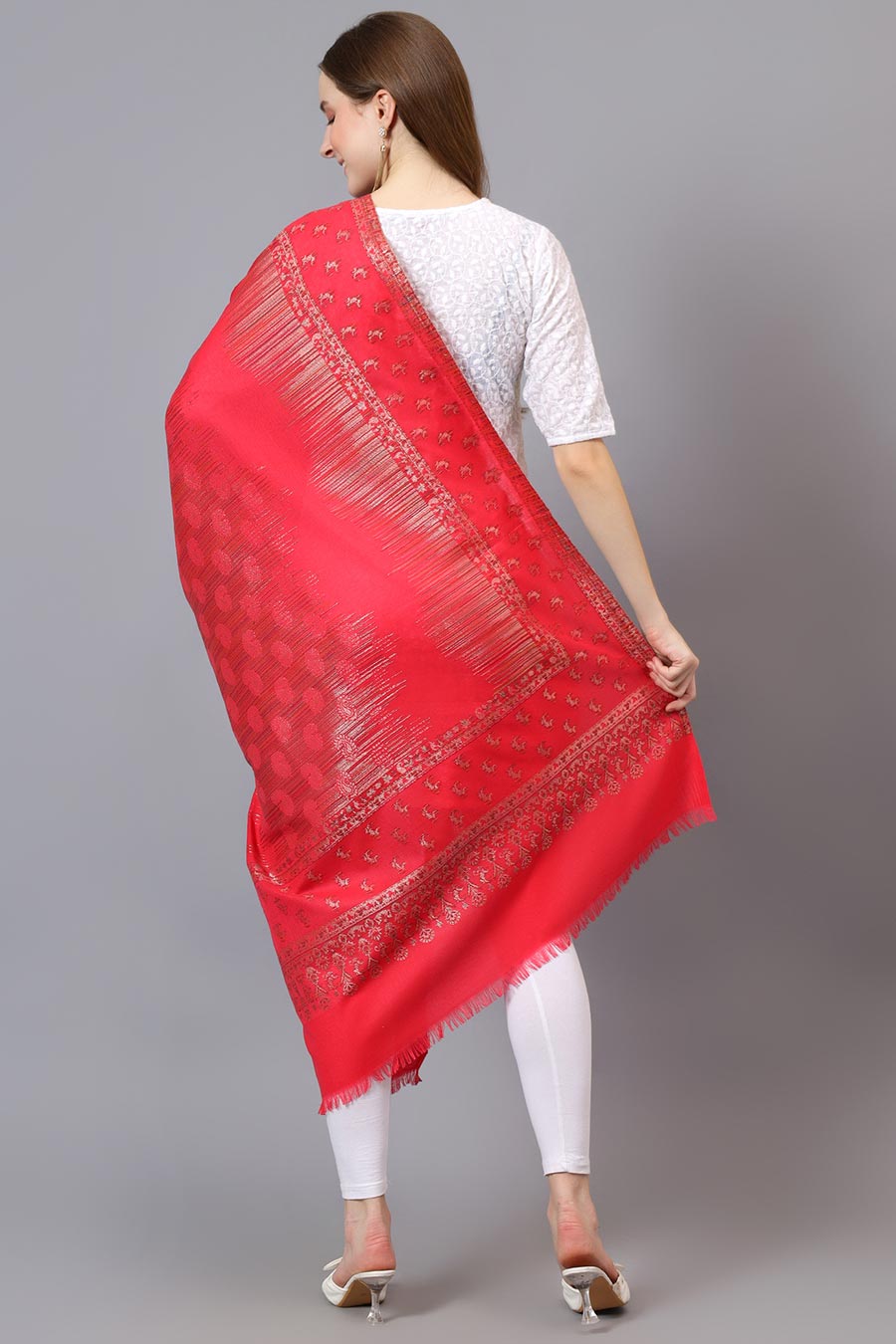 Red Metallic Zari Weave Fine Wool Shawl