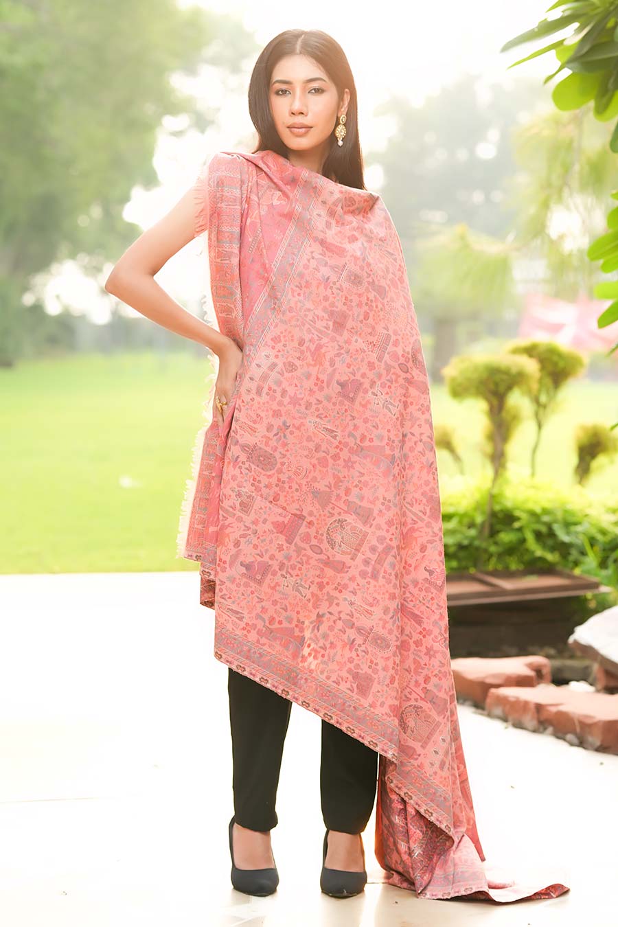 Pink Metallic Zari Weave Faux Pashmina Shawl