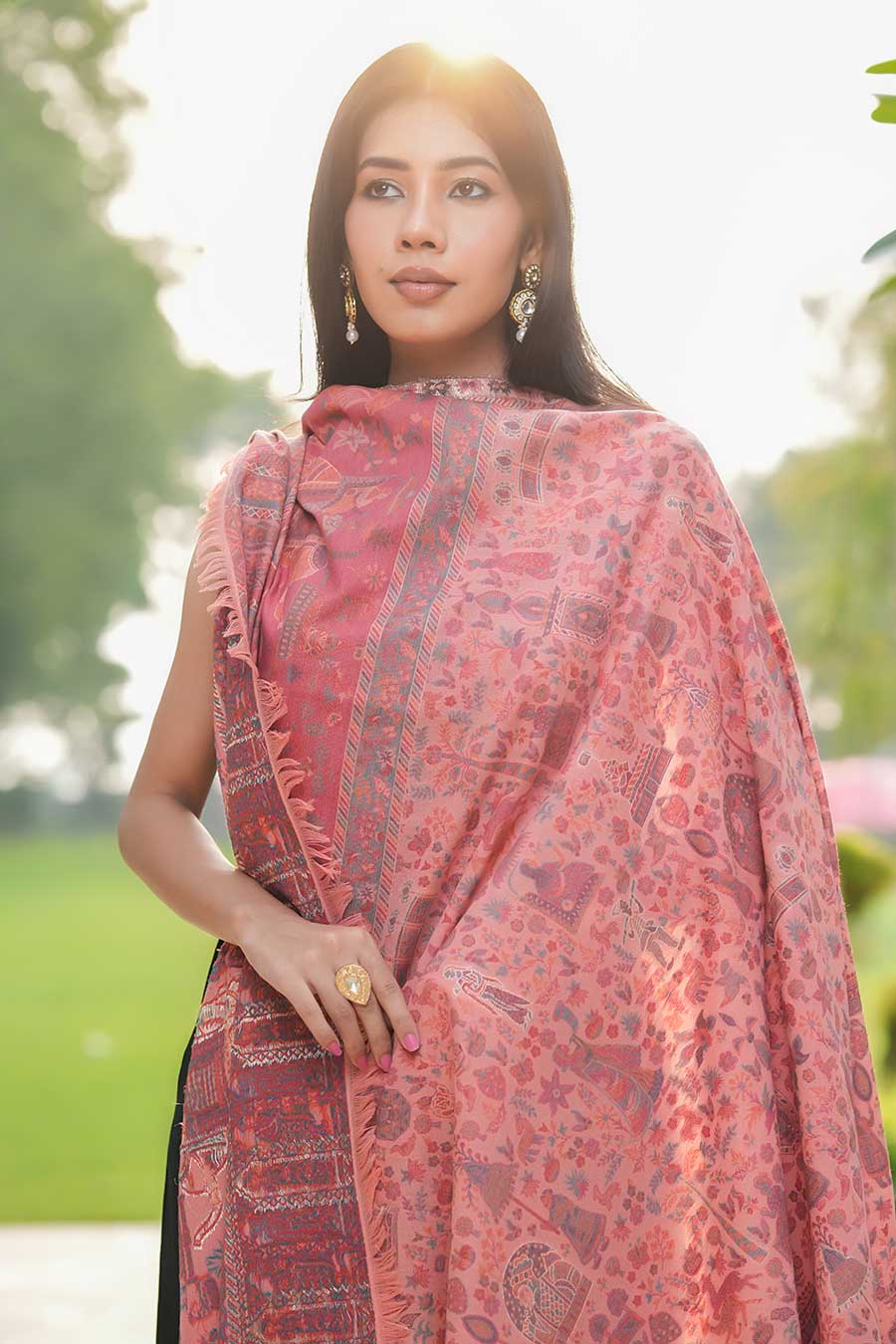Pink Metallic Zari Weave Faux Pashmina Shawl
