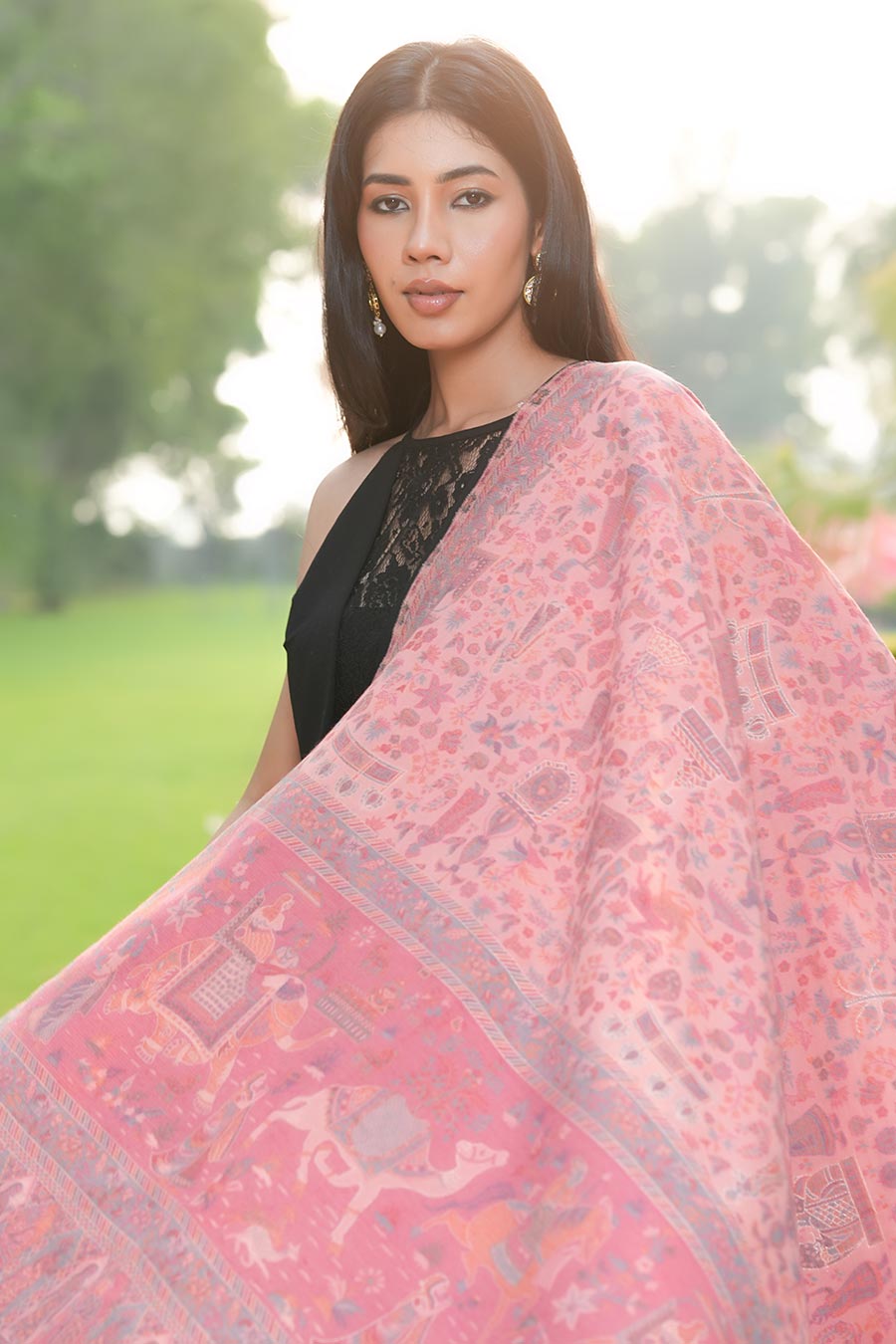 Pink Metallic Zari Weave Faux Pashmina Shawl