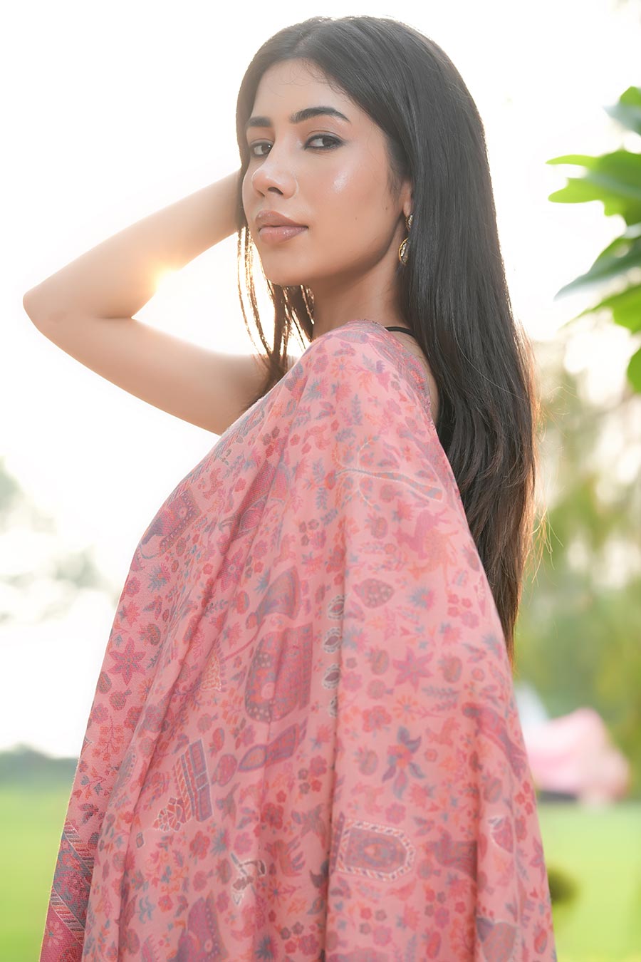 Pink Metallic Zari Weave Faux Pashmina Shawl