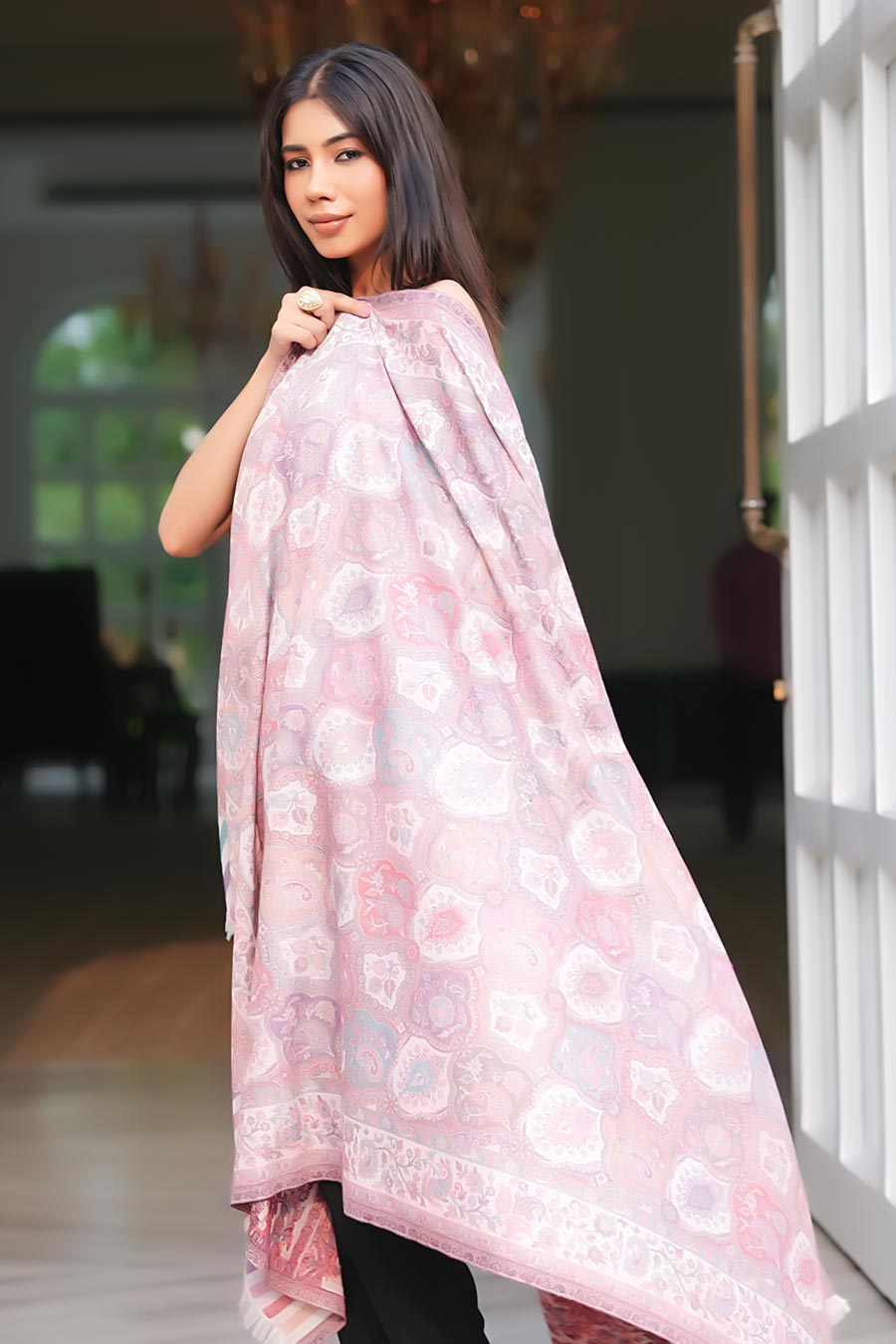 White & Pink Ethnic Weave Faux Pashmina Shawl