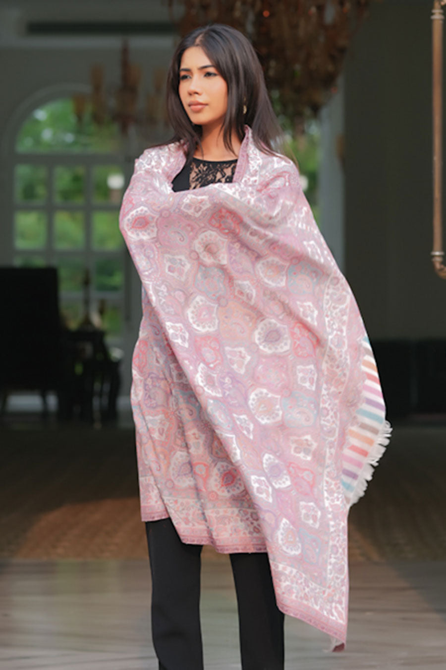 White & Pink Ethnic Weave Faux Pashmina Shawl