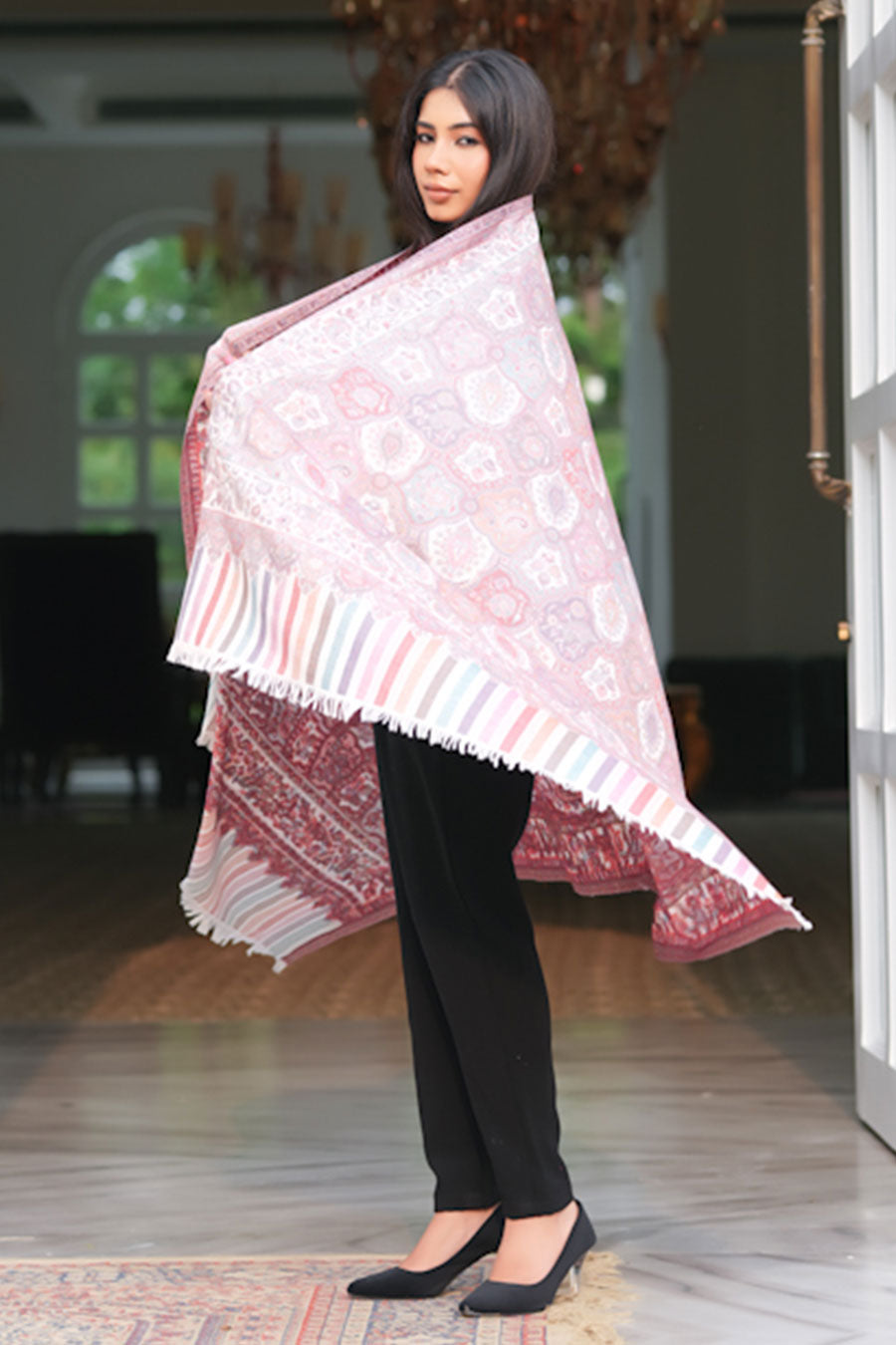 White & Pink Ethnic Weave Faux Pashmina Shawl