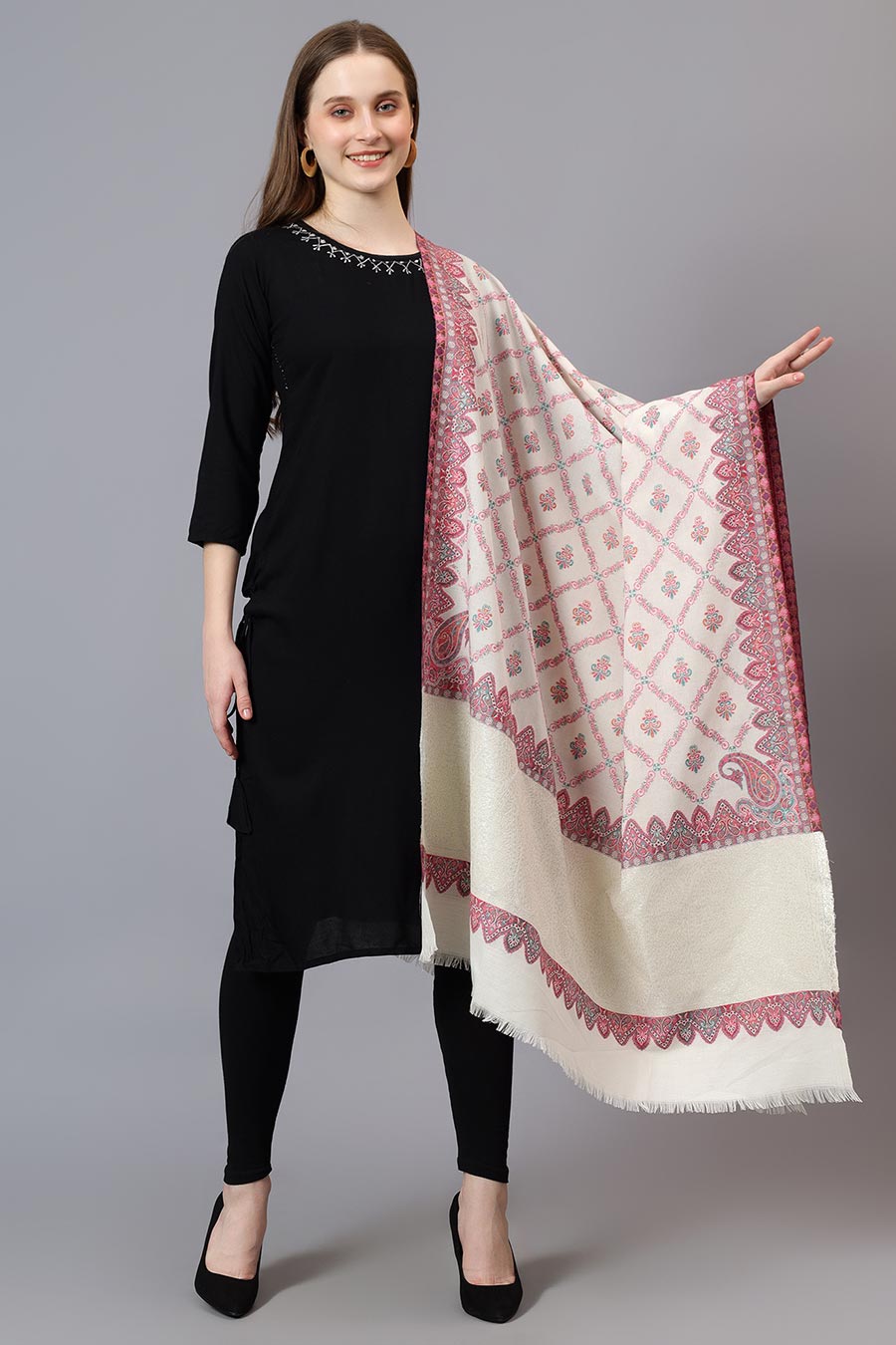 Cream Metallic Paisley Palla Faux Pashmina Shawl