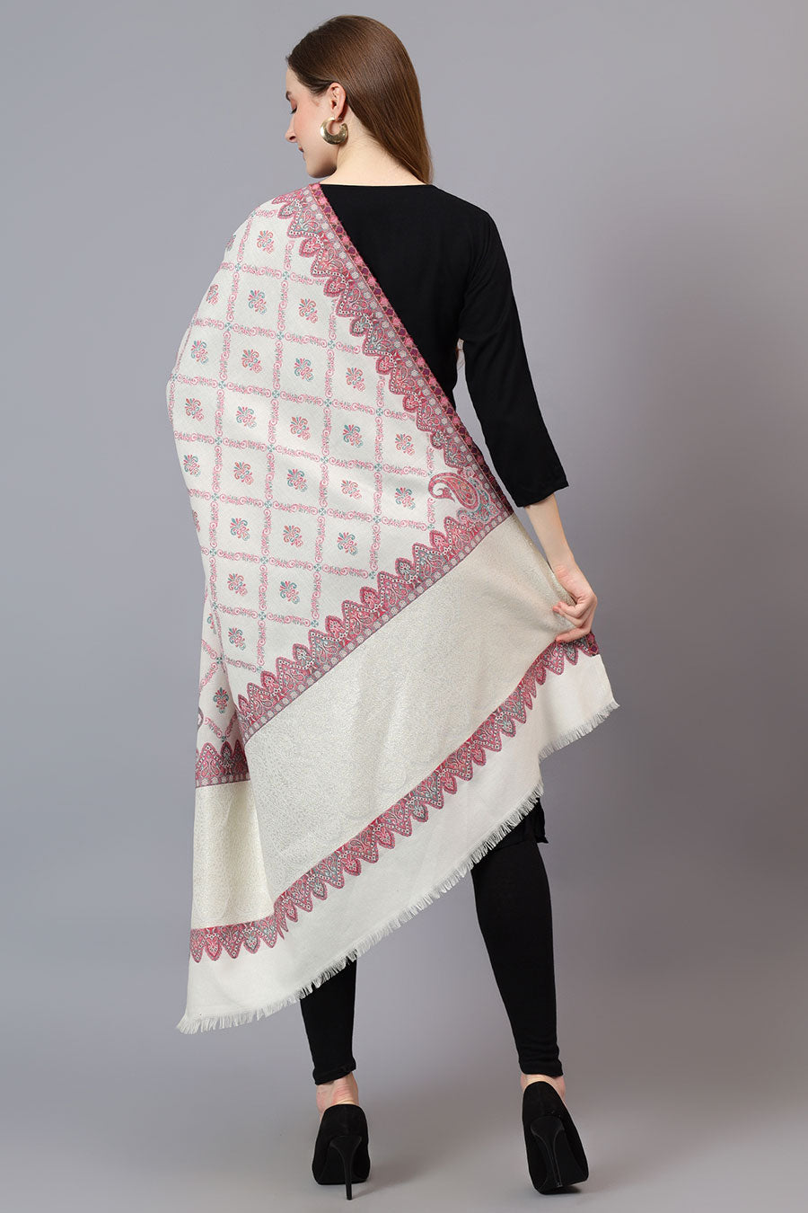 Cream Metallic Paisley Palla Faux Pashmina Shawl