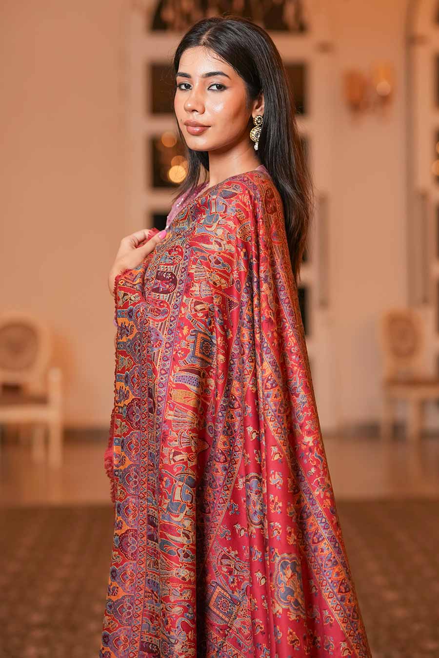 Red Mughal Figures Luxury Fine Wool Shawl