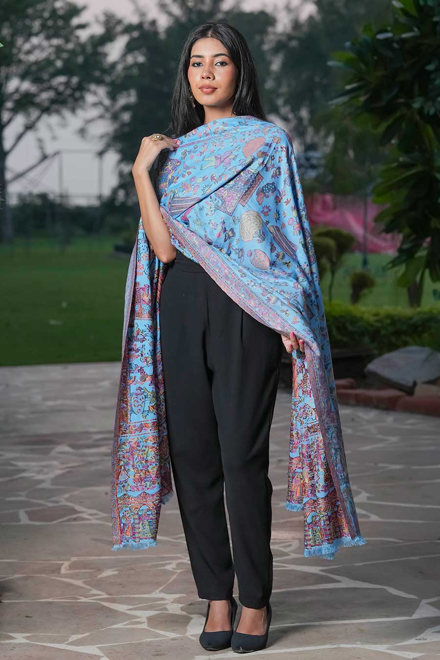 Blue Ethnic Mughal Figures Fine Wool Shawl